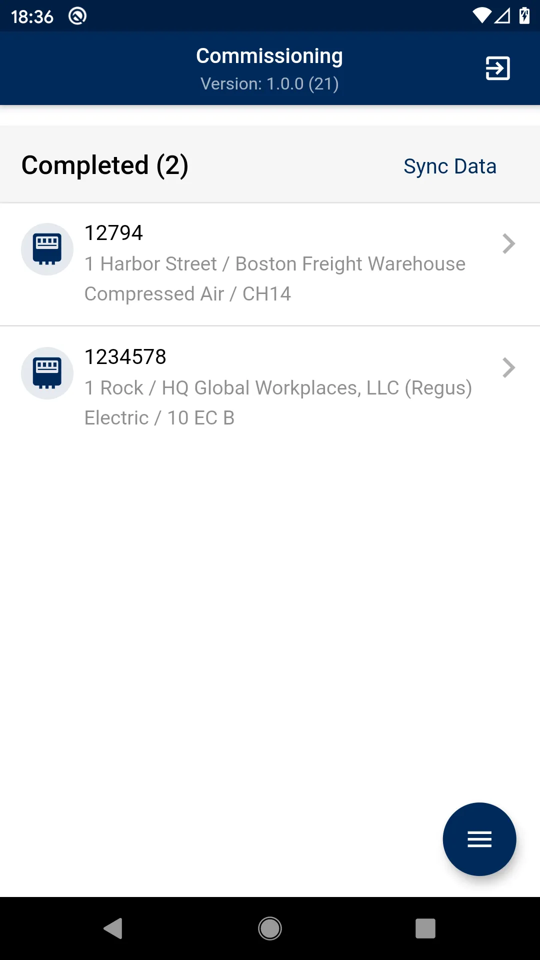 Veolia MobileCx Android screen listing completed meter installations and the Sync Data action