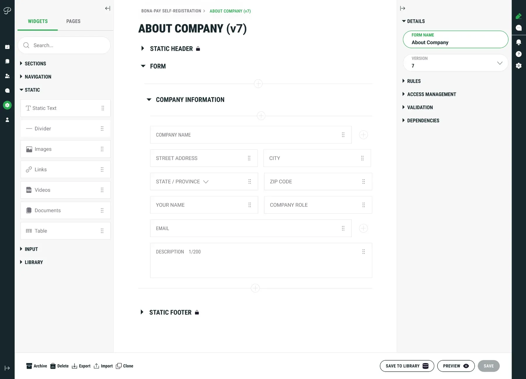 Partnify visual form builder with a company form and reusable fields