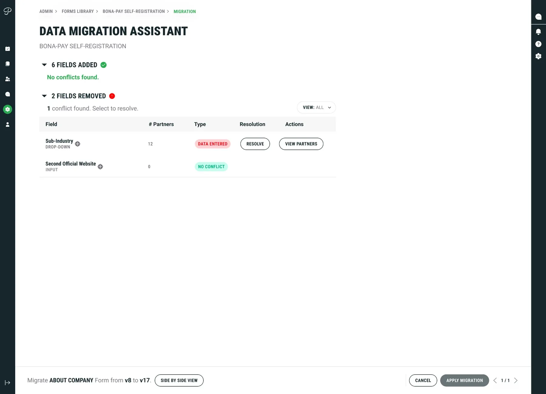 Partnify data migration assistant showing added and removed fields