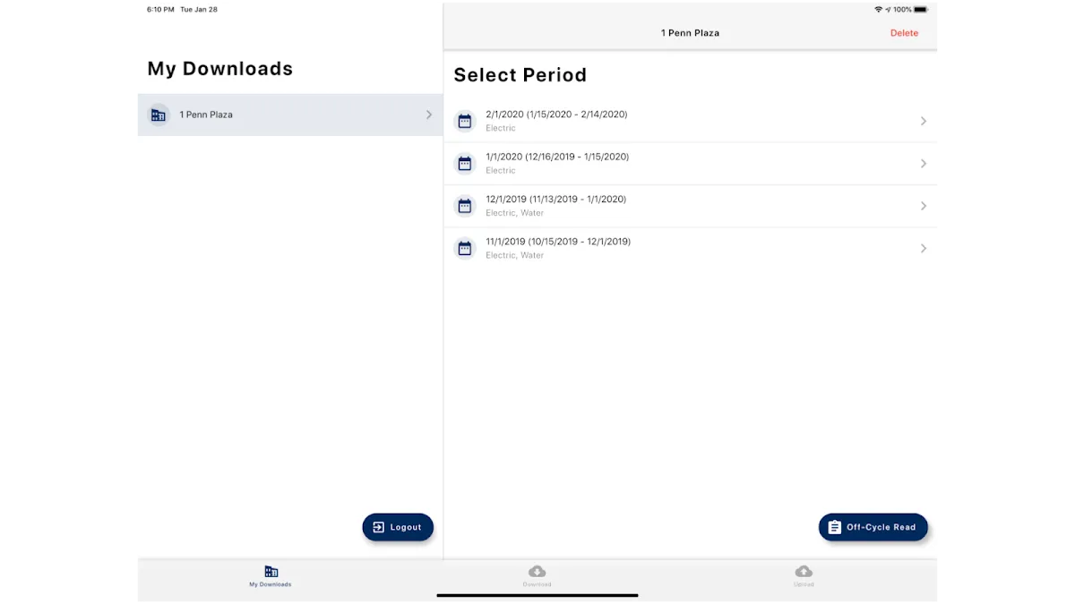 Veolia Mobile Meter Reader tablet screen showing downloaded buildings and available reading periods